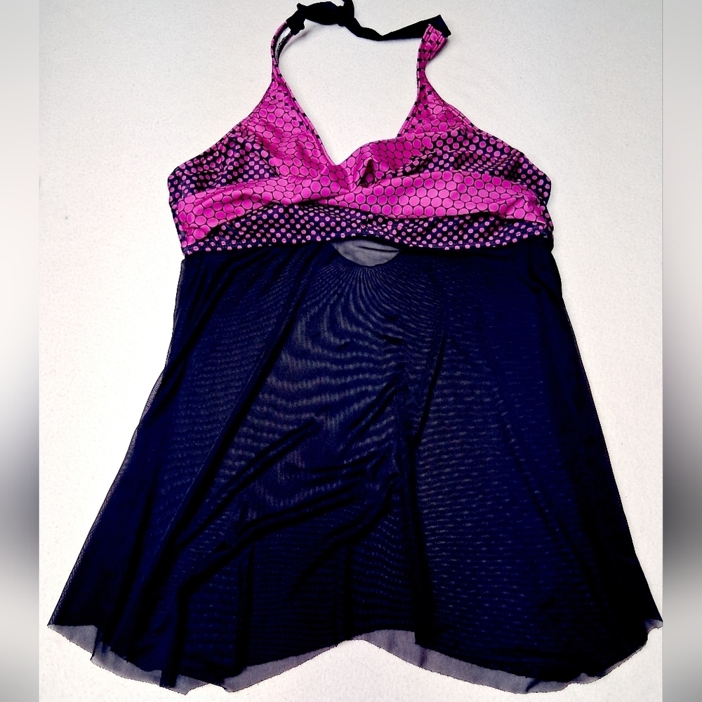 4/20$ Pink and Black Polka Dot Mesh Bathing Suit Top